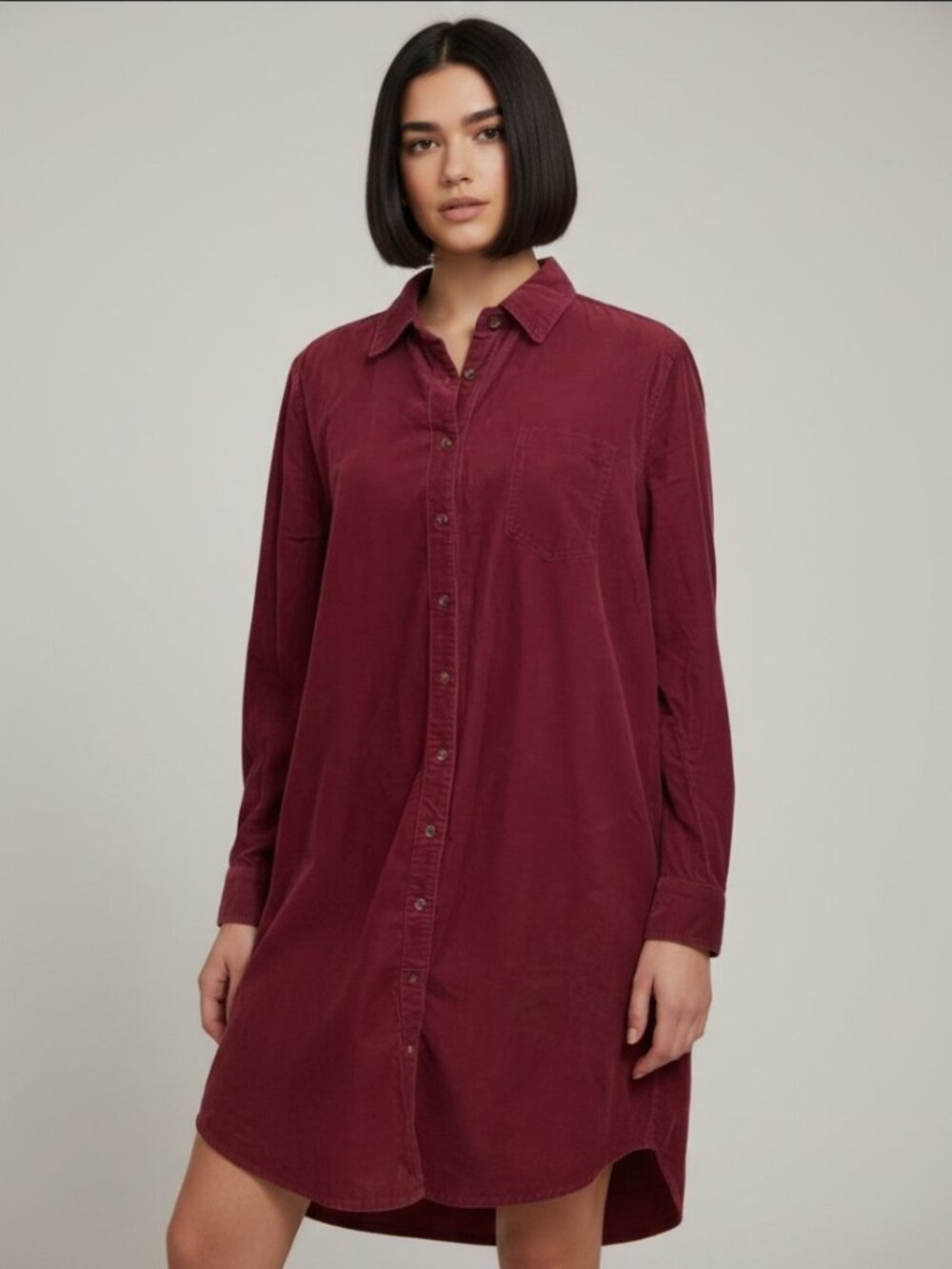 Lands End Burgundy Corduroy Shirt Dress Women Size L Long Sleeve Pockets Fall